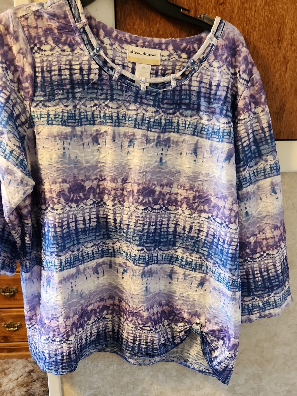 Alfred Dunner Blue & Purple Tie-Dye Scoop Neck Long Sleeve Tee with Beaded Trim